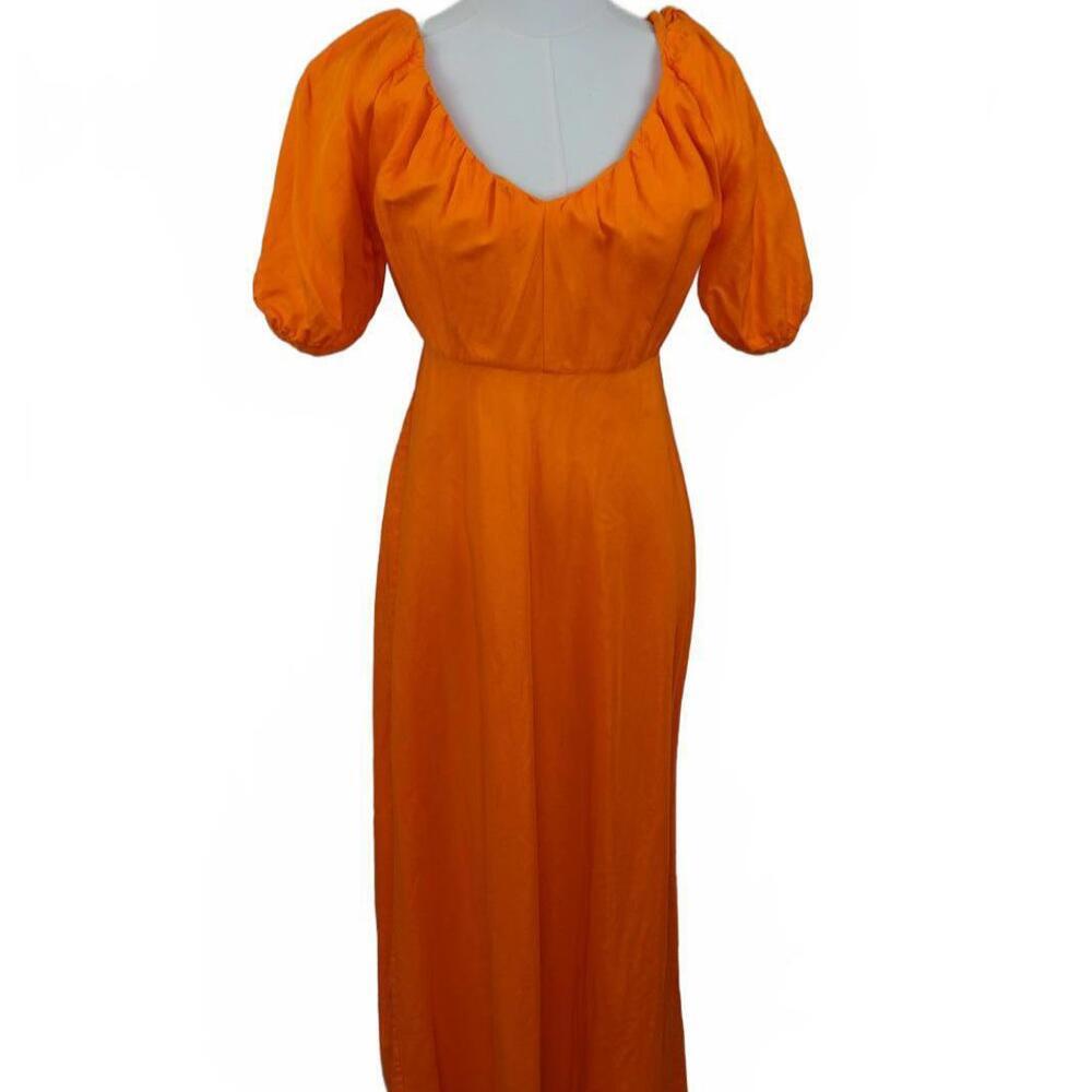 Banana Republic Puff Sleeve Maxi Dress 4 Tall Orange Satin Open Back Cottagecore